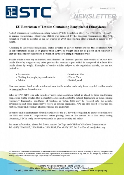 STC, EU Restriction of Textiles Containing Nonylphenol Ethoxylates,