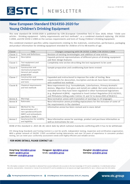 STC, New European Standard EN14350-2020 for Young Children's Drinking Equipment,