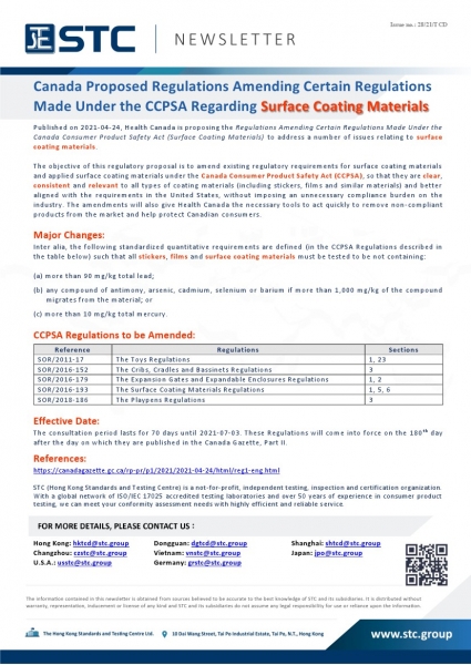 STC, Canada Proposed Regulations Amending Certain Regulations Made Under the CCPSA Regarding Surface Coating Materials