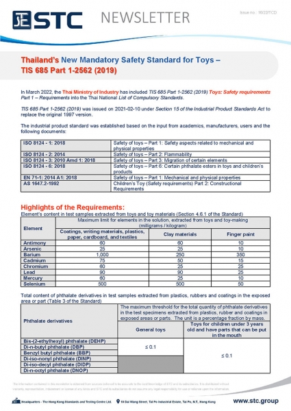 In March 2022, the Thai Ministry of Industry has included TIS 685 Part 1-2562 (2019) Toys: Safety requirements Part 1 – Requirements into the Thai National List of Compulsory Standards. 