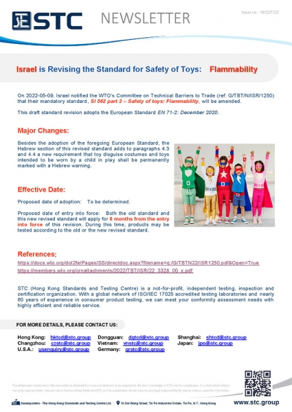 On 2022-05-09, Israel notified the WTO's Committee on Technical Barriers to Trade (ref: G/TBT/N/ISR/1250) that their mandatory standard, SI 562 part 2 – Safety of toys: Flammability, will be amended.